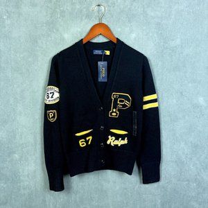 POLO Ralph Lauren Womens Navy Varsity Letterman Wool Sweater Cardigan Size Small
